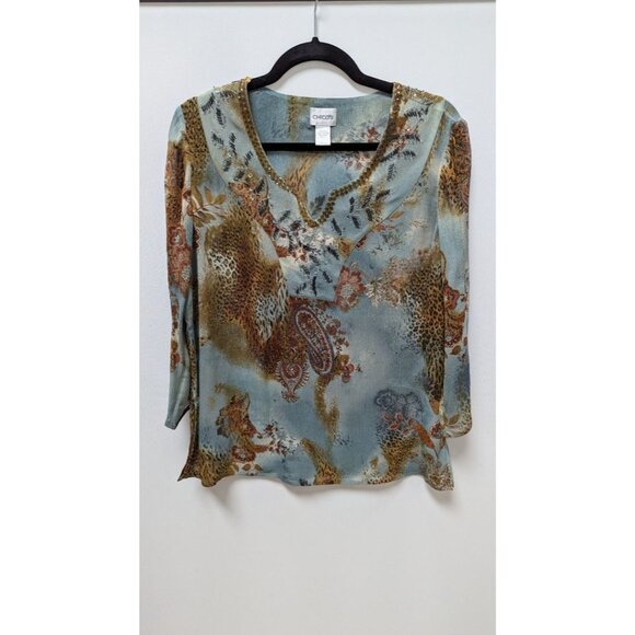 Chico's Light Blue/Brown Silk Animal Print Embellished Blouse - Picture 1 of 2